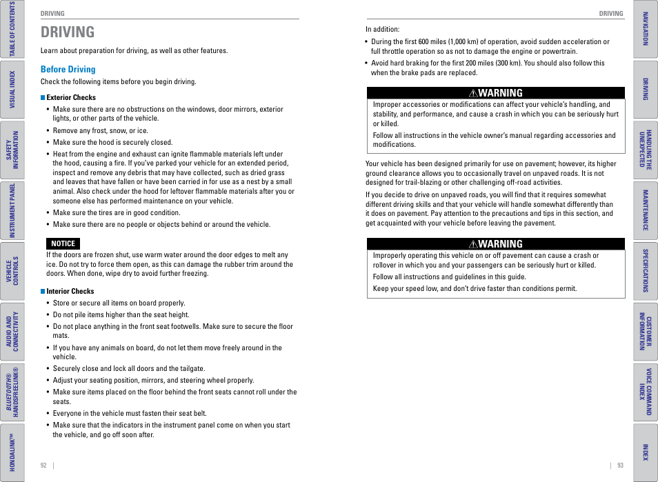 Driving, Before driving, Warning | HONDA 2015 CR-V - Owner's Guide (Revised 01/07/2014) User Manual | Page 50 / 81