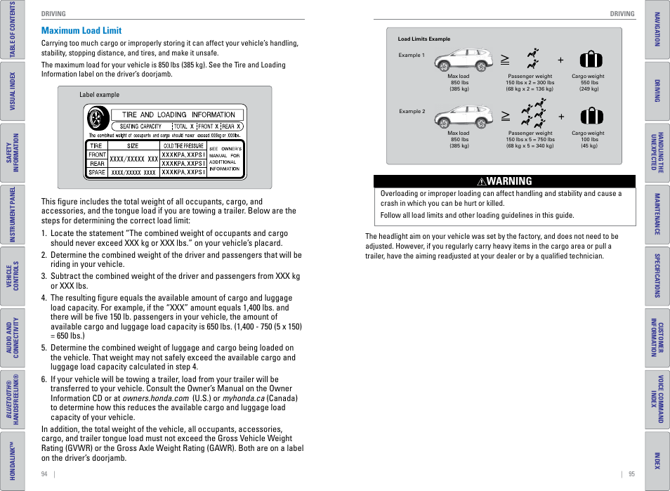 Maximum load limit, Warning | HONDA 2015 CR-V - Owner's Guide (Revised 01/07/2014) User Manual | Page 51 / 81
