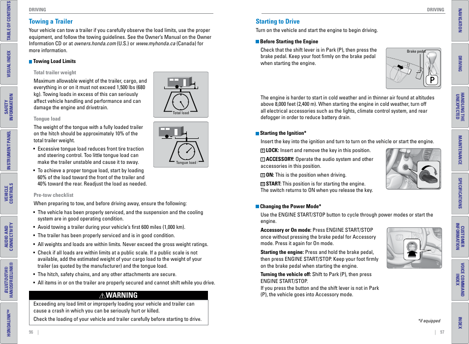 Towing a trailer, Starting to drive, P. 97 | Towing a trailer starting to drive, Warning | HONDA 2015 CR-V - Owner's Guide (Revised 01/07/2014) User Manual | Page 52 / 81