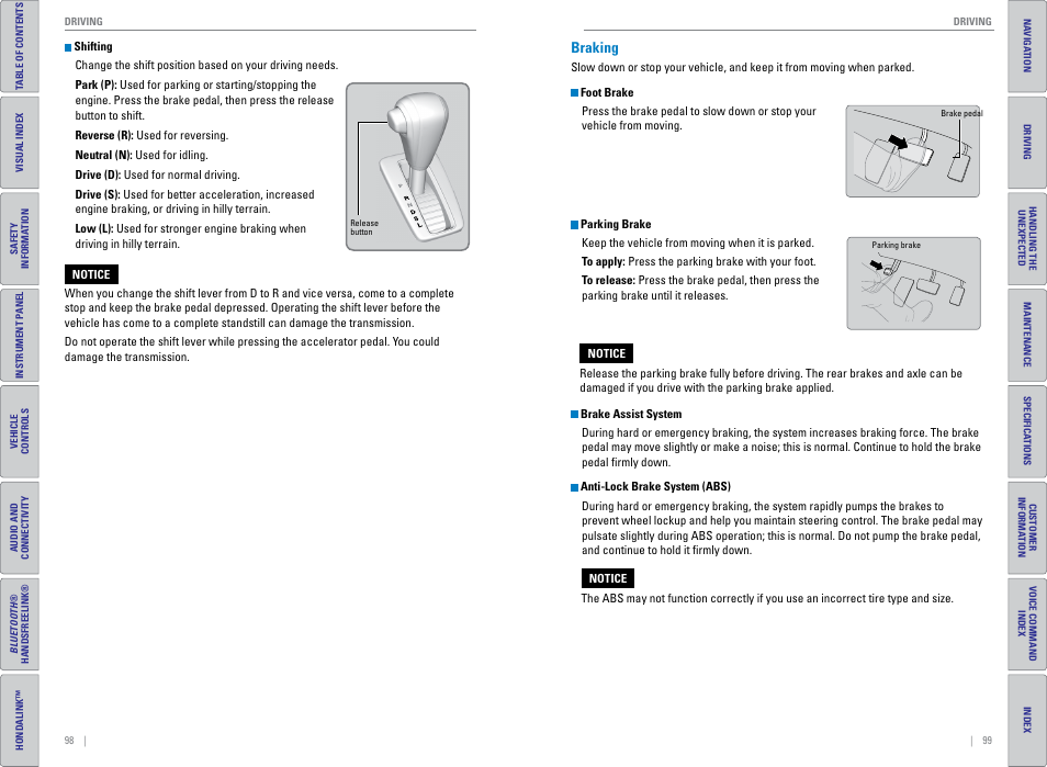 Braking, P. 99, Shift lever | P. 98 | HONDA 2015 CR-V - Owner's Guide (Revised 01/07/2014) User Manual | Page 53 / 81
