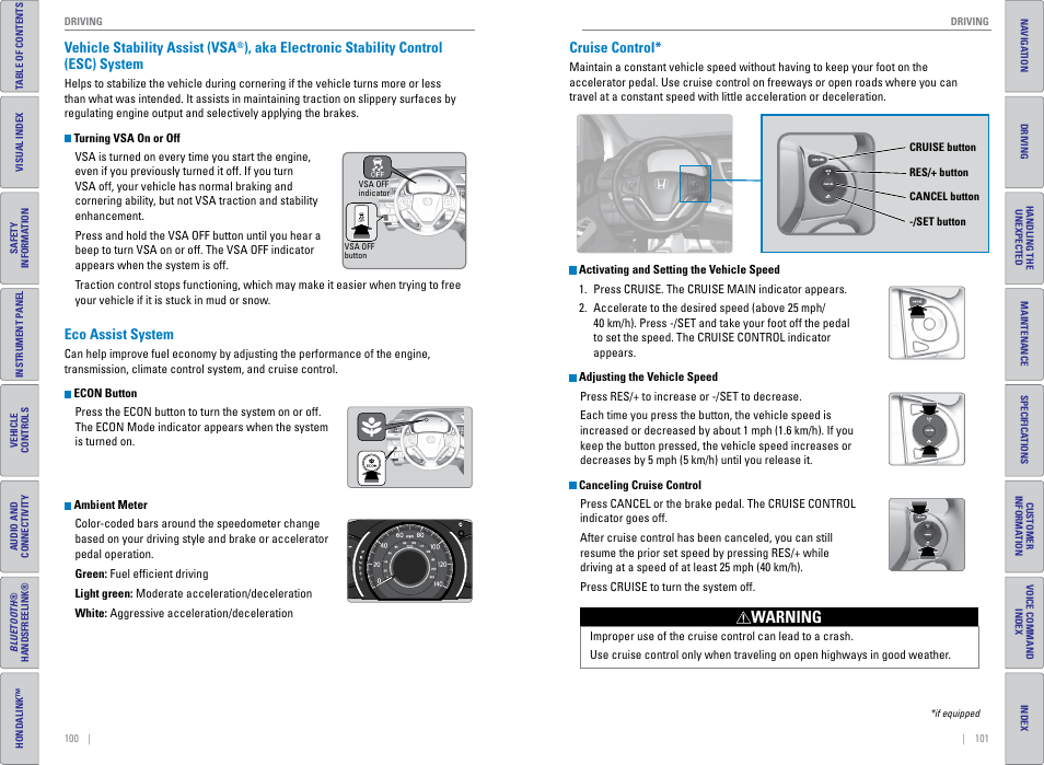 Eco assist system, Cruise control, P. 101, p. 102 | P. 100, Vehicle stability assist (vsa, Warning | HONDA 2015 CR-V - Owner's Guide (Revised 01/07/2014) User Manual | Page 54 / 81