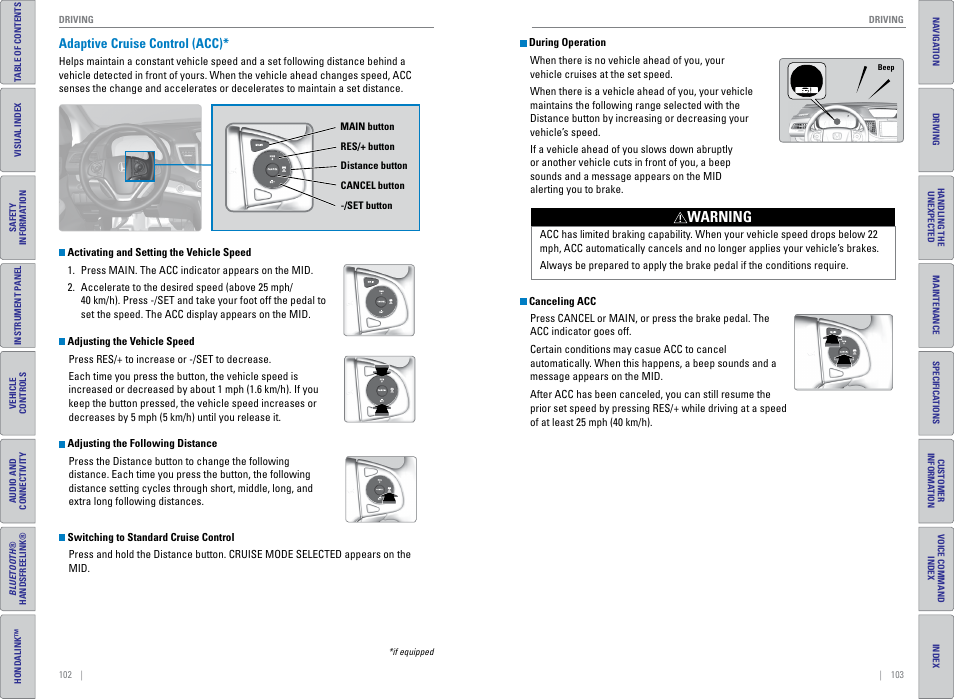 Adaptive cruise control (acc), Warning | HONDA 2015 CR-V - Owner's Guide (Revised 01/07/2014) User Manual | Page 55 / 81
