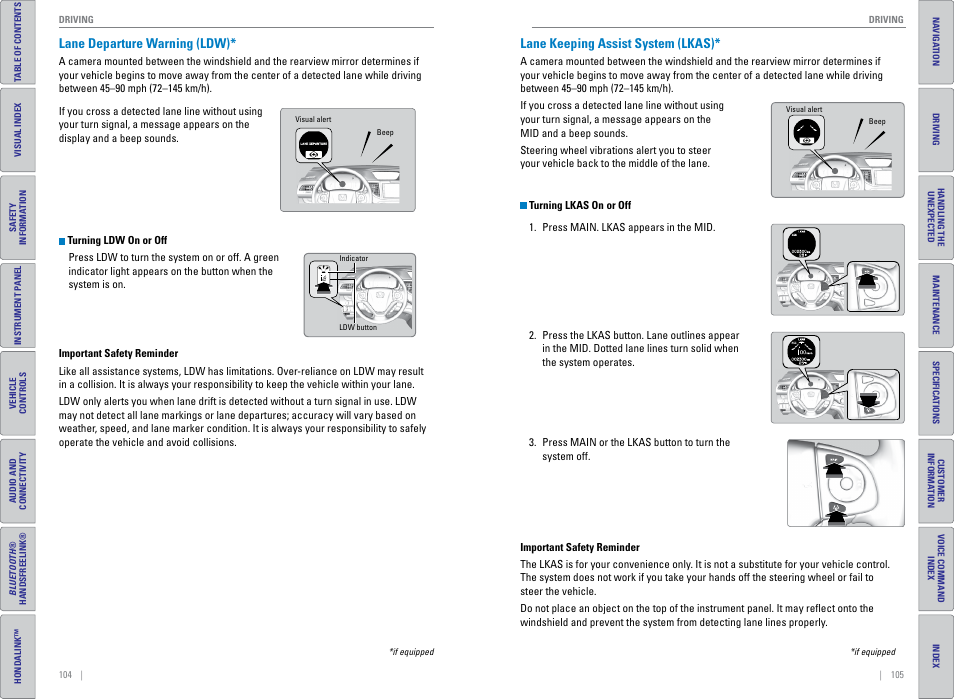 Lane departure warning (ldw), Lane keeping assist system (lkas), P. 105 | P. 104 | HONDA 2015 CR-V - Owner's Guide (Revised 01/07/2014) User Manual | Page 56 / 81