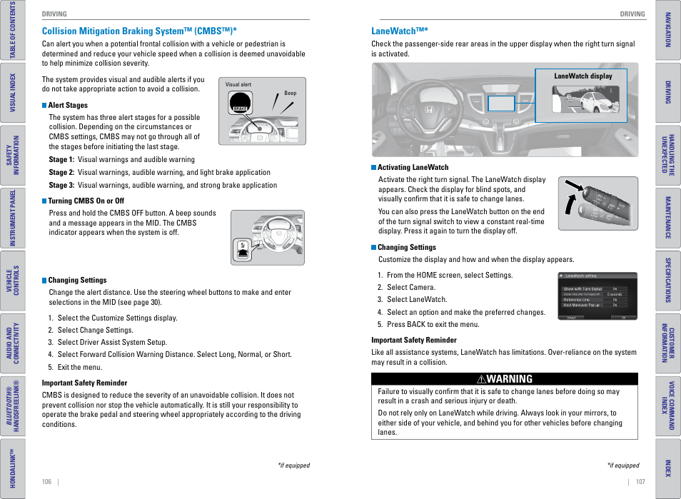 Collision mitigation braking system™ (cmbs™), Lanewatch, P. 106 | Warning | HONDA 2015 CR-V - Owner's Guide (Revised 01/07/2014) User Manual | Page 57 / 81