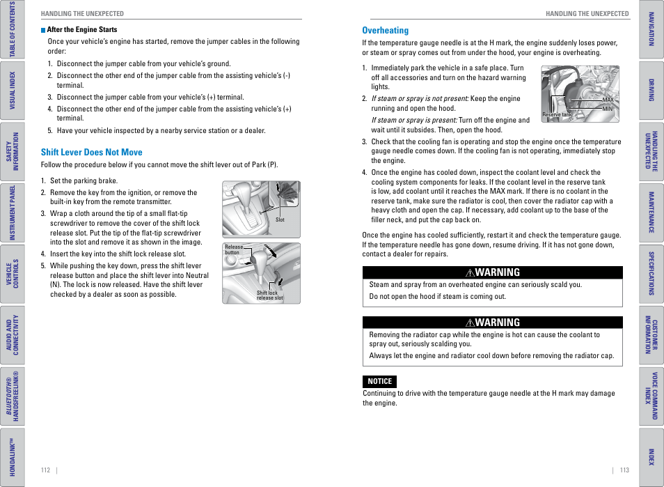 Shift lever does not move, Overheating, Shift lever does not move overheating | Warning | HONDA 2015 CR-V - Owner's Guide (Revised 01/07/2014) User Manual | Page 60 / 81
