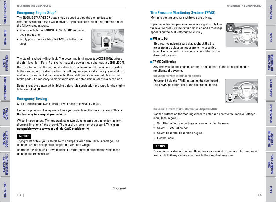 Emergency engine stop, Emergency towing, Tire pressure monitoring system (tpms) | P. 115 | HONDA 2015 CR-V - Owner's Guide (Revised 01/07/2014) User Manual | Page 61 / 81