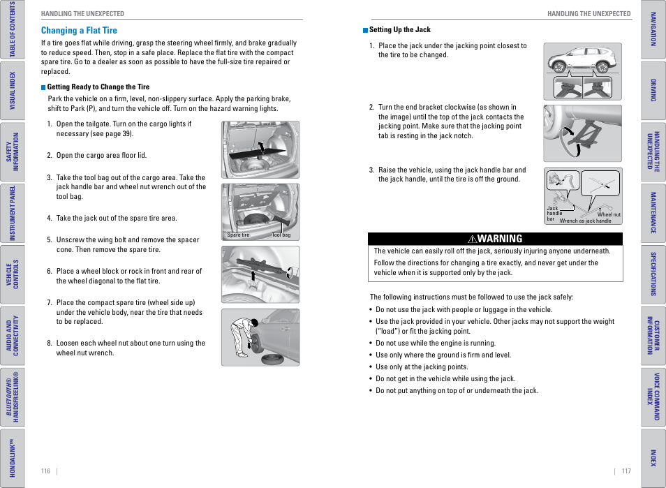 Changing a flat tire, Warning | HONDA 2015 CR-V - Owner's Guide (Revised 01/07/2014) User Manual | Page 62 / 81