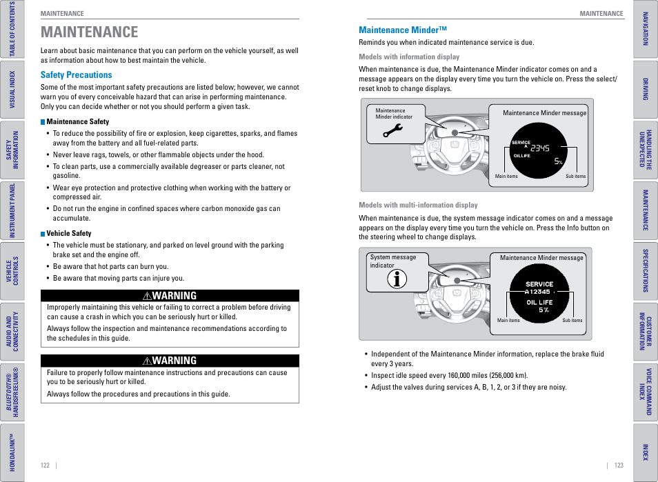 Maintenance, Safety precautions, Maintenance minder | Safety precautions maintenance minder, Warning | HONDA 2015 CR-V - Owner's Guide (Revised 01/07/2014) User Manual | Page 65 / 81