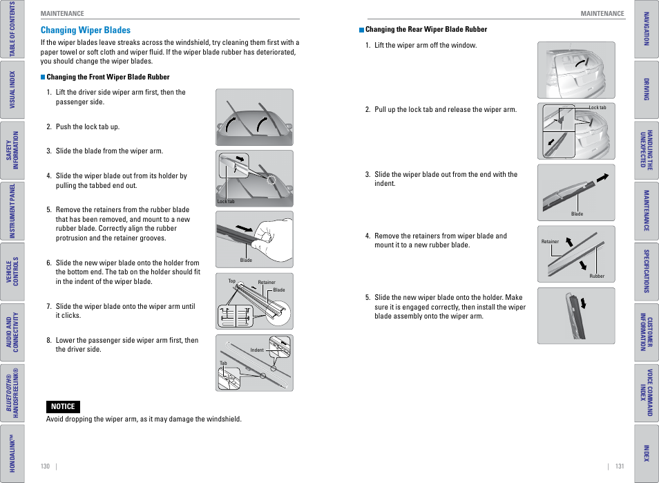 Changing wiper blades | HONDA 2015 CR-V - Owner's Guide (Revised 01/07/2014) User Manual | Page 69 / 81