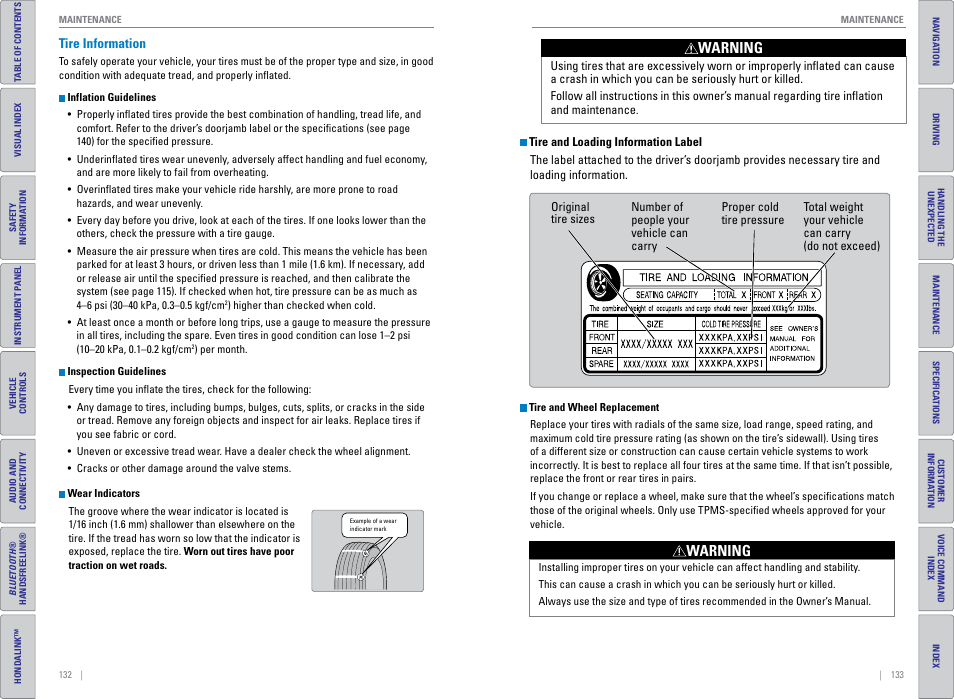 Tire information, Warning | HONDA 2015 CR-V - Owner's Guide (Revised 01/07/2014) User Manual | Page 70 / 81