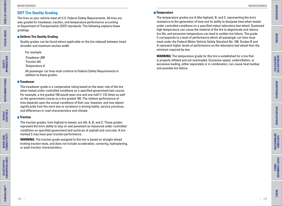 Dot tire quality grading | HONDA 2015 CR-V - Owner's Guide (Revised 01/07/2014) User Manual | Page 72 / 81