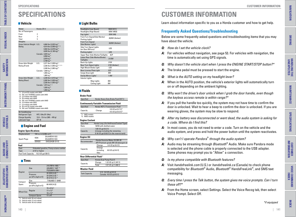 Specifications, Customer information, Frequently asked questions/troubleshooting | Customer, Informa, Tion, Specifica, Tions, Specifications customer information, Frequently asked questions/ troubleshooting | HONDA 2015 CR-V - Owner's Guide (Revised 01/07/2014) User Manual | Page 74 / 81