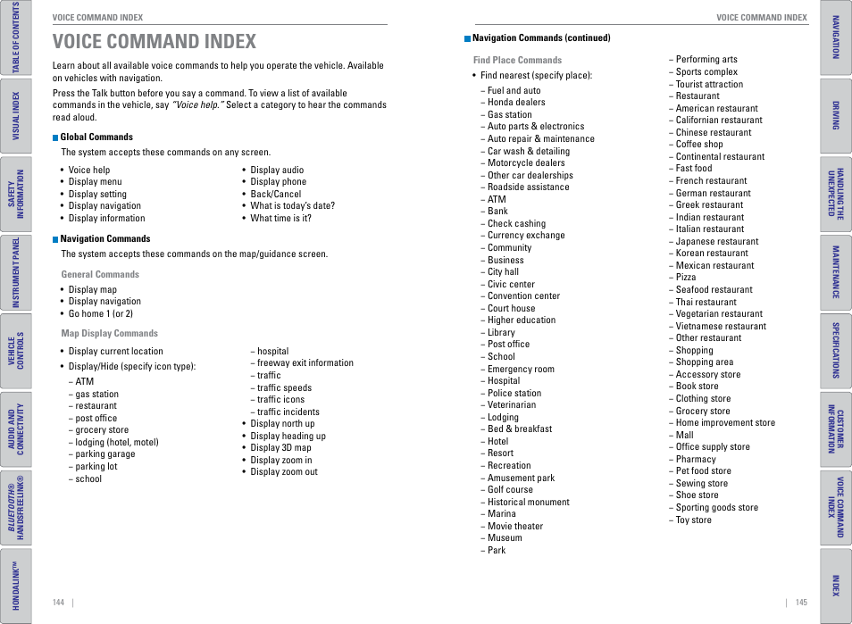 Voice command index, Voice command, Index | HONDA 2015 CR-V - Owner's Guide (Revised 01/07/2014) User Manual | Page 76 / 81