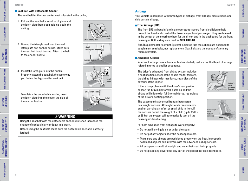 Airbags, Warning | HONDA 2015 CR-V - Owner's Guide (Revised 01/07/2014) User Manual | Page 8 / 81