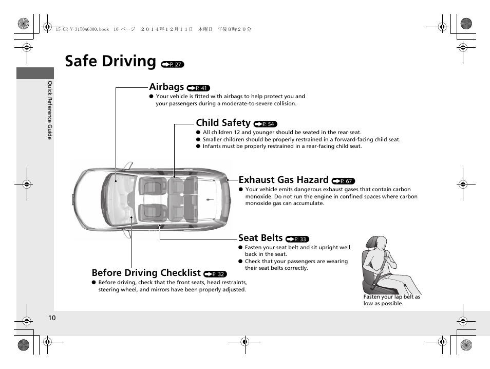 Safe driving (p 27), Safe driving, Airbags | Child safety, Exhaust gas hazard, Before driving checklist, Seat belts | HONDA 2015 CR-V - Owner's Manual (Revised 12/15/2014) User Manual | Page 11 / 533