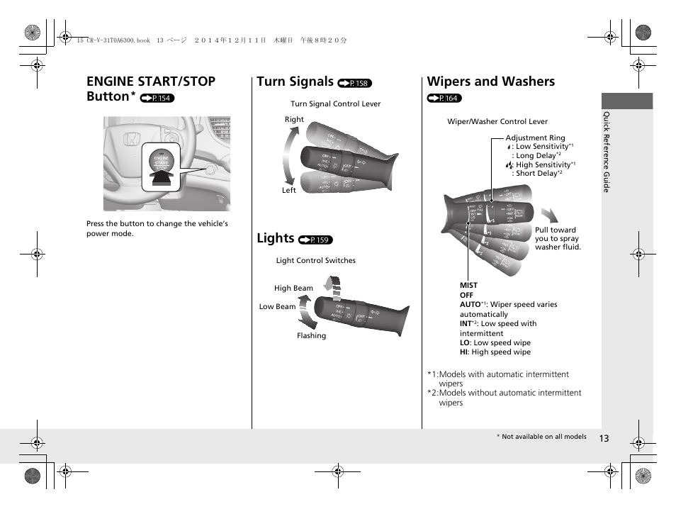 Engine start/stop button, Turn signals, Lights | Wipers and washers | HONDA 2015 CR-V - Owner's Manual (Revised 12/15/2014) User Manual | Page 14 / 533