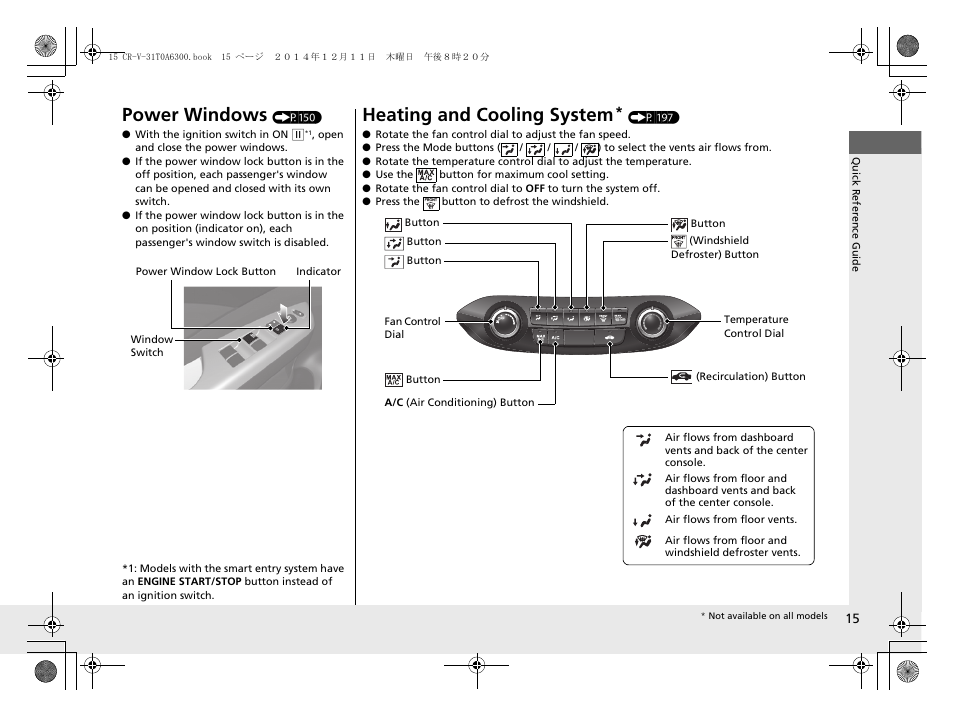Power windows, Heating and cooling system | HONDA 2015 CR-V - Owner's Manual (Revised 12/15/2014) User Manual | Page 16 / 533