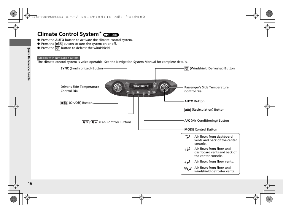 Climate control system | HONDA 2015 CR-V - Owner's Manual (Revised 12/15/2014) User Manual | Page 17 / 533