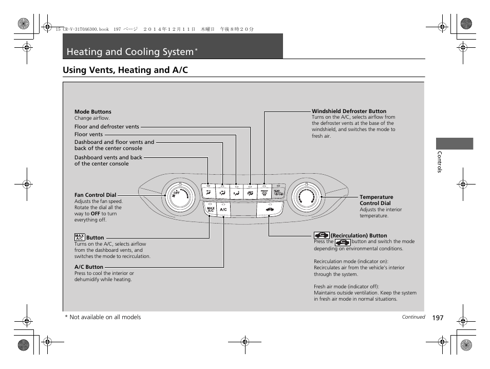 Heating and cooling system, P 197, Using vents, heating and a/c | HONDA 2015 CR-V - Owner's Manual (Revised 12/15/2014) User Manual | Page 198 / 533