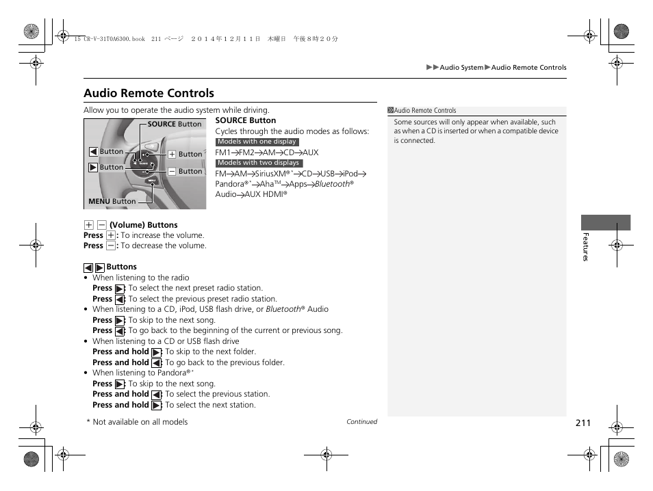Audio remote controls | HONDA 2015 CR-V - Owner's Manual (Revised 12/15/2014) User Manual | Page 212 / 533