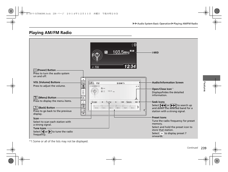 Playing am/fm radio | HONDA 2015 CR-V - Owner's Manual (Revised 12/15/2014) User Manual | Page 240 / 533