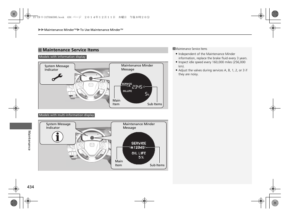 Maintenance service items p. 434, Maintenance service items | HONDA 2015 CR-V - Owner's Manual (Revised 12/15/2014) User Manual | Page 435 / 533