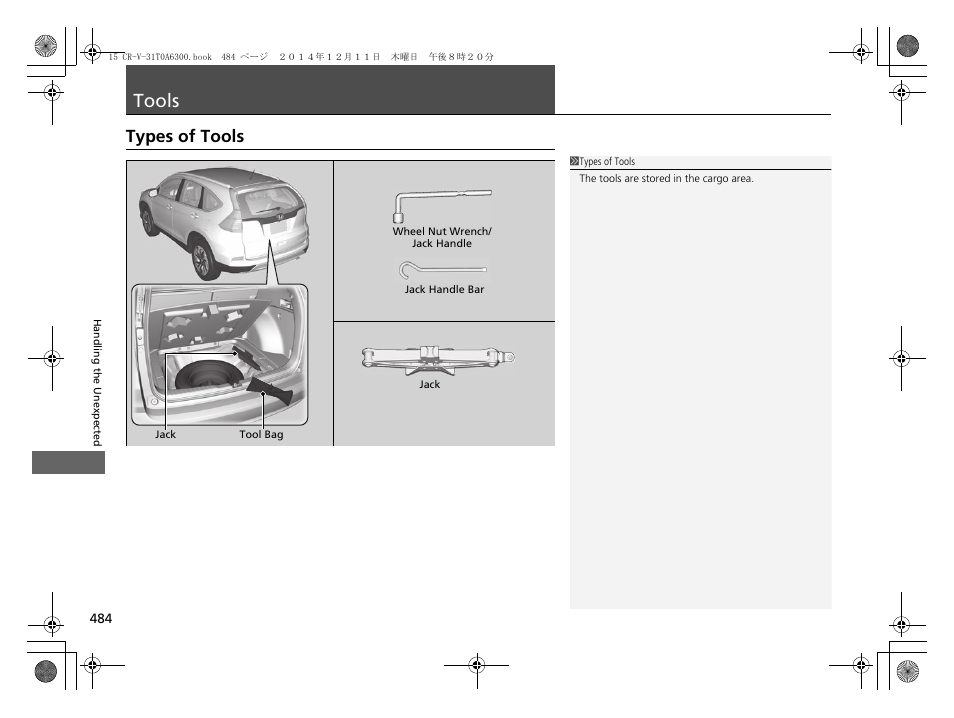 Tools, Types of tools | HONDA 2015 CR-V - Owner's Manual (Revised 12/15/2014) User Manual | Page 485 / 533