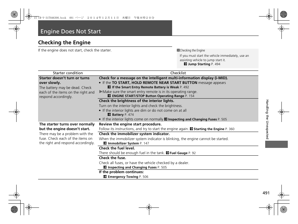 Engine does not start p, P491, Engine does not start | Checking the engine | HONDA 2015 CR-V - Owner's Manual (Revised 12/15/2014) User Manual | Page 492 / 533
