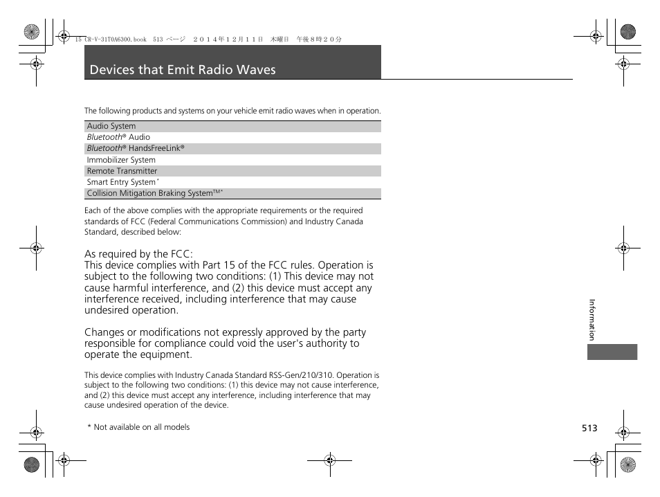 Devices that emit radio waves | HONDA 2015 CR-V - Owner's Manual (Revised 12/15/2014) User Manual | Page 514 / 533