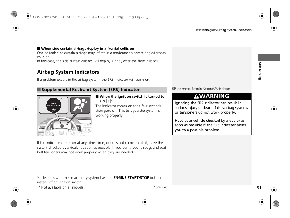 Airbag system indicators, Warning | HONDA 2015 CR-V - Owner's Manual (Revised 12/15/2014) User Manual | Page 52 / 533