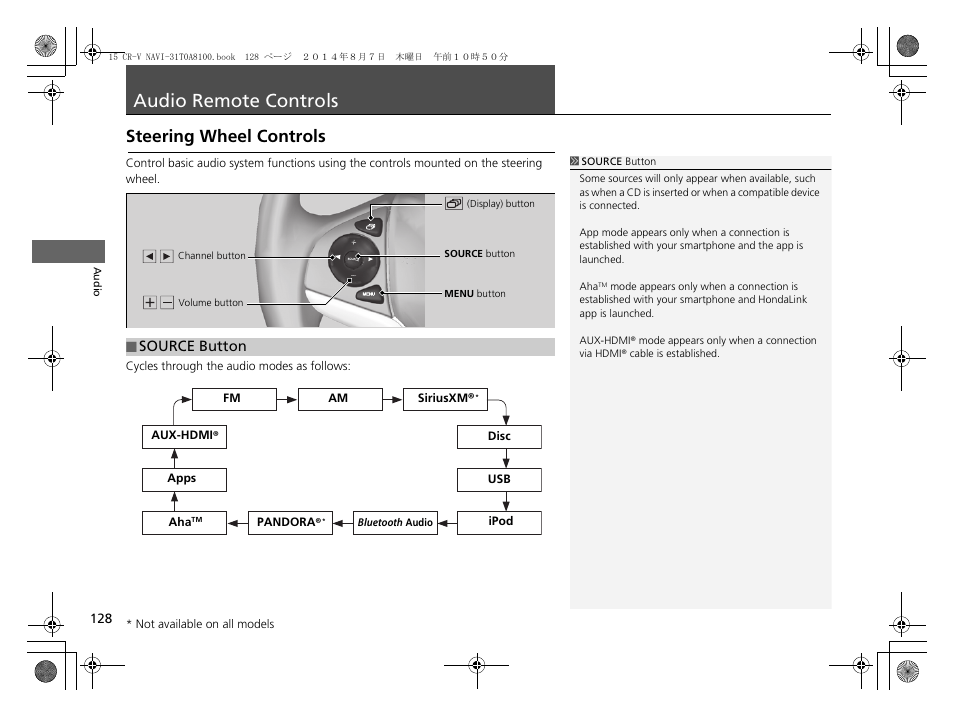 Audio remote controls 128, P128), Audio remote controls | Steering wheel controls | HONDA 2015 CR-V - Navigation Manual User Manual | Page 129 / 253