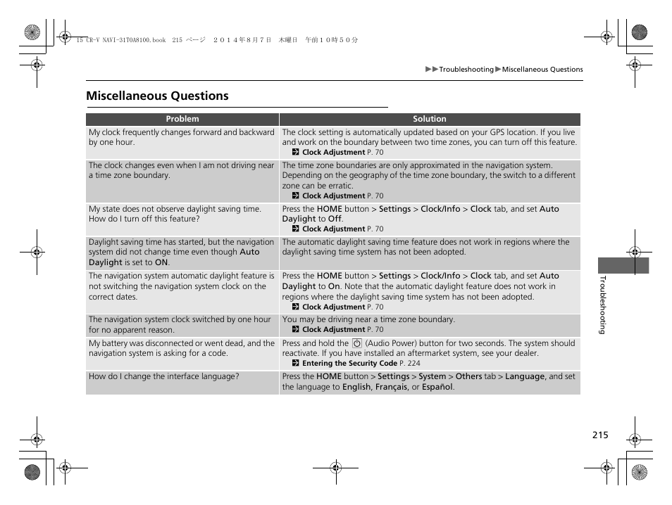 Miscellaneous questions | HONDA 2015 CR-V - Navigation Manual User Manual | Page 216 / 253