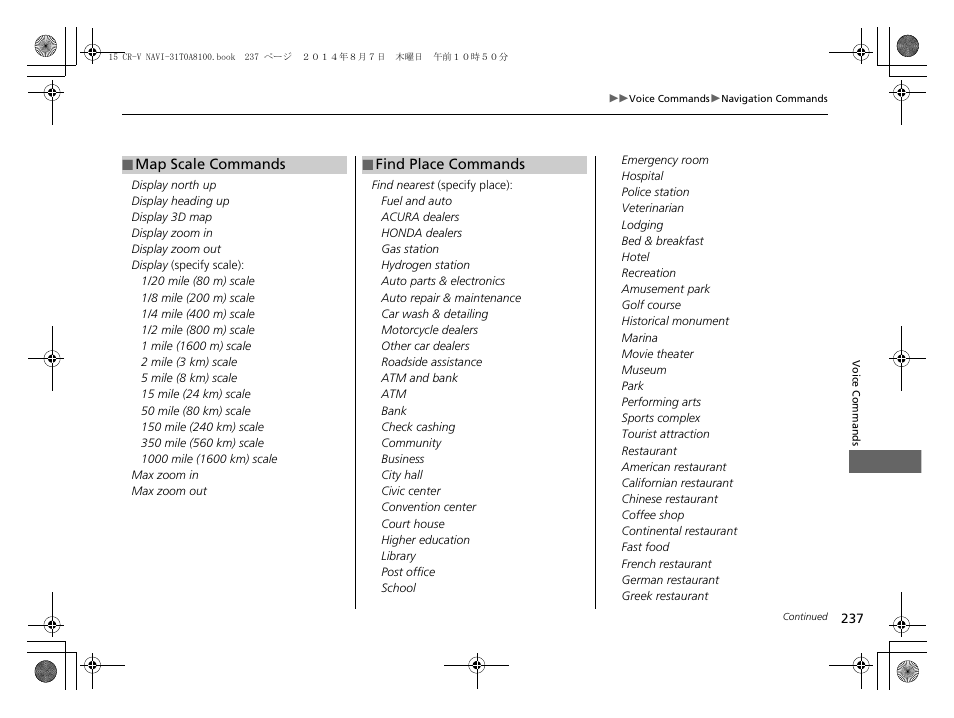 Map scale commands, Find place commands, Find place commands p. 237 | HONDA 2015 CR-V - Navigation Manual User Manual | Page 238 / 253