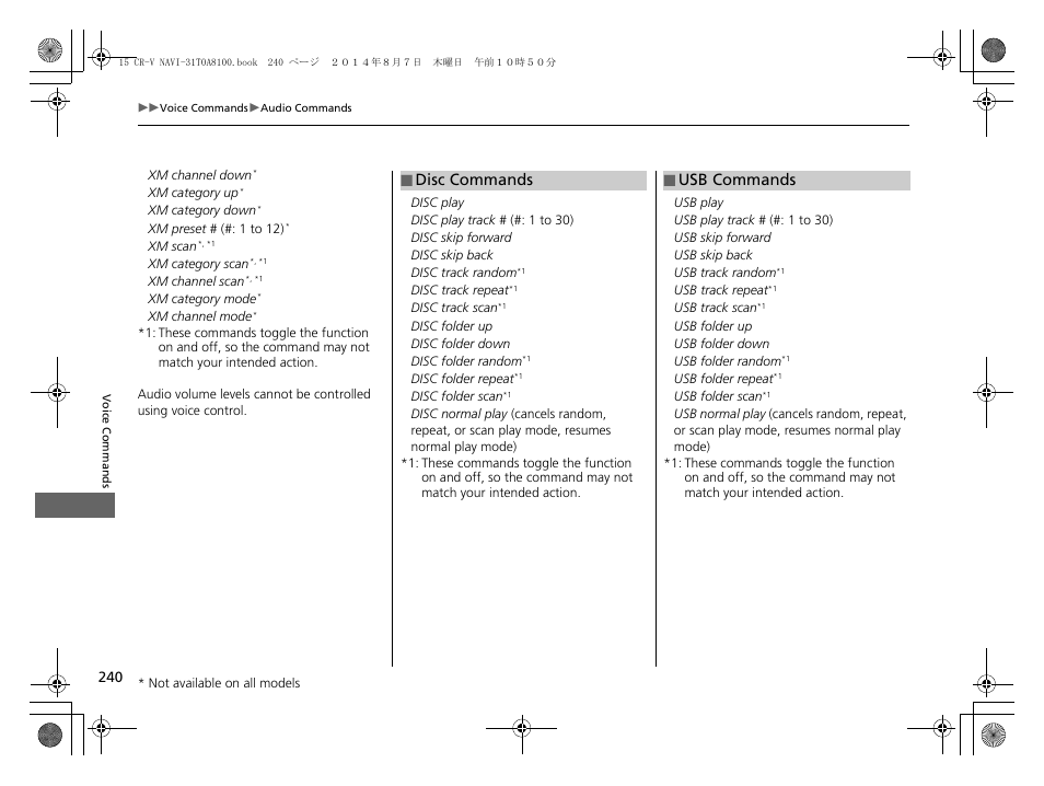 Disc commands, Usb commands | HONDA 2015 CR-V - Navigation Manual User Manual | Page 241 / 253