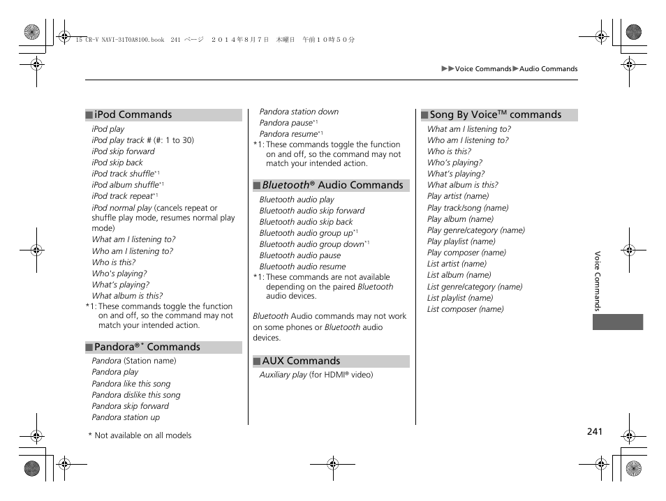 Ipod commands p. 241, Pandora, Commands p. 241 | Bluetooth ® audio commands p. 241 | HONDA 2015 CR-V - Navigation Manual User Manual | Page 242 / 253