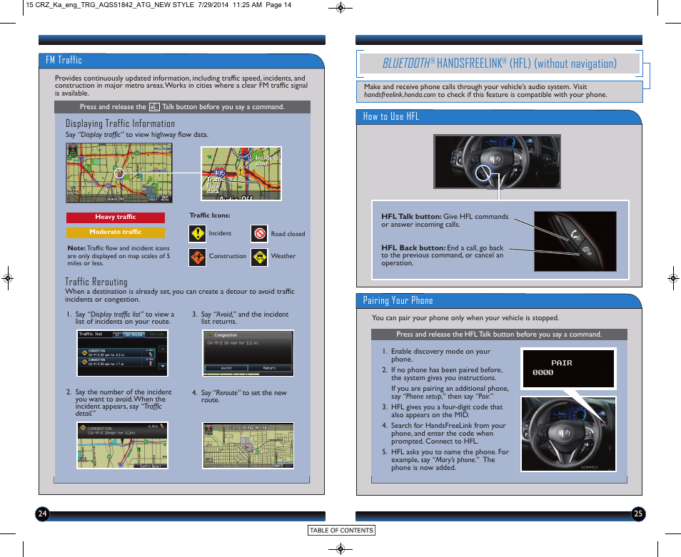 Bluetooth, Handsfreelink, Hfl) | Hfl) (without navigation), Fm traffic, Displaying traffic information, Traffic rerouting, How to use hfl, Pairing your phone | HONDA 2015 CR-Z - Technology Reference Guide User Manual | Page 14 / 20