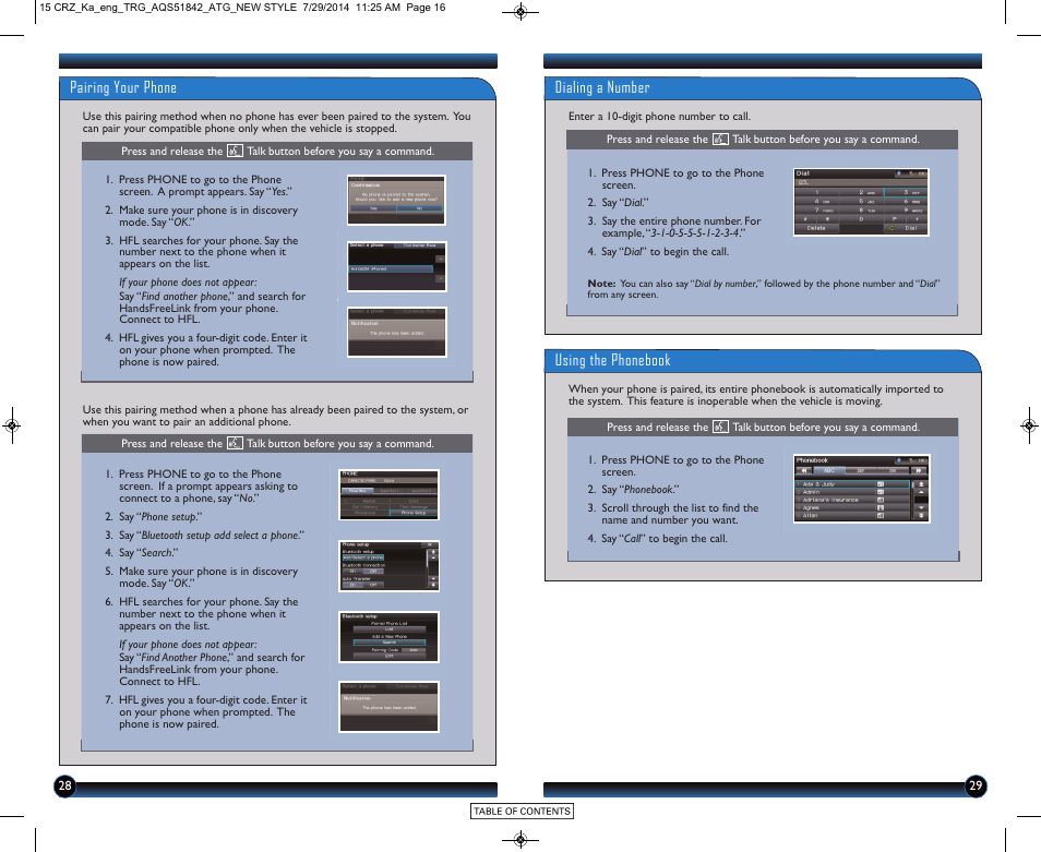 Pairing your phone, Dialing a number, Using the phonebook | HONDA 2015 CR-Z - Technology Reference Guide User Manual | Page 16 / 20