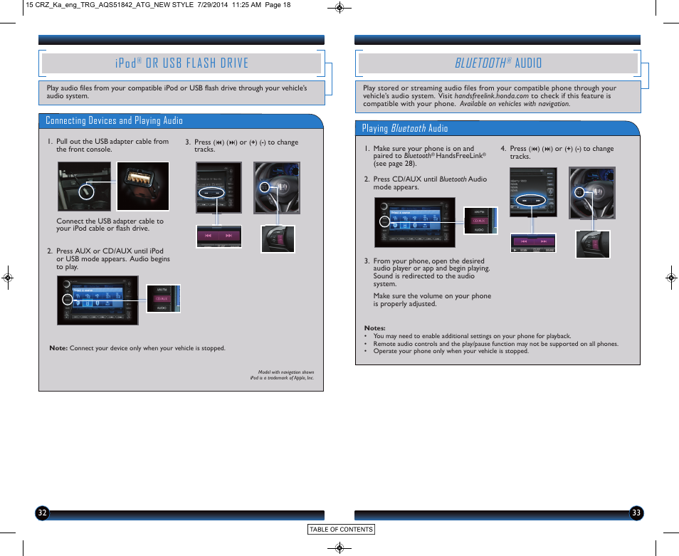 Ipod, Or usb flash drive, Bluetooth | Audio, Connecting devices and playing audio, Playing bluetooth audio | HONDA 2015 CR-Z - Technology Reference Guide User Manual | Page 18 / 20