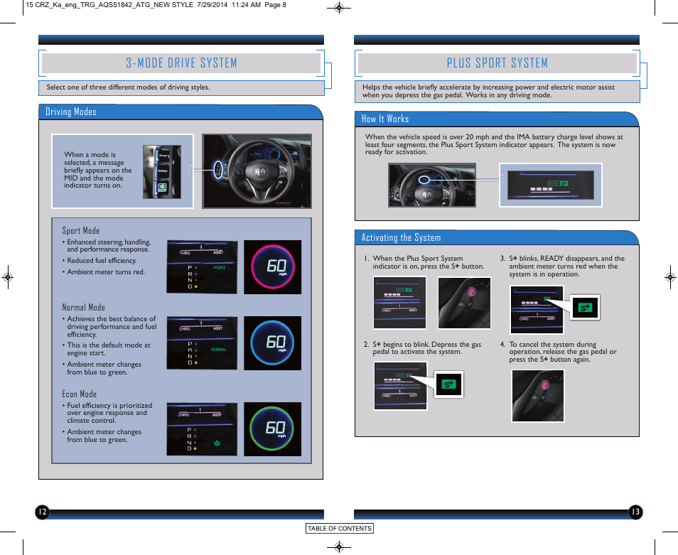 Mode drive system, Plus sport system, Plus sport system p.13 | Mode drive system p.12 | HONDA 2015 CR-Z - Technology Reference Guide User Manual | Page 8 / 20