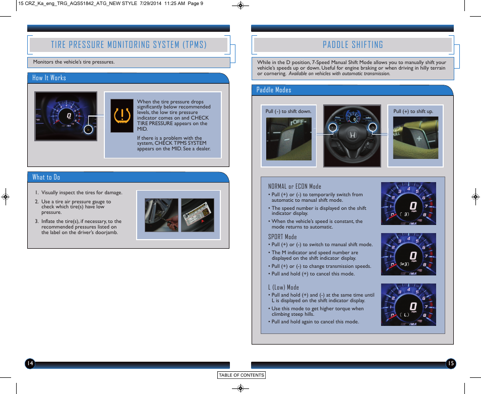 Tire pressure monitoring system (tpms), Paddle shifting | HONDA 2015 CR-Z - Technology Reference Guide User Manual | Page 9 / 20