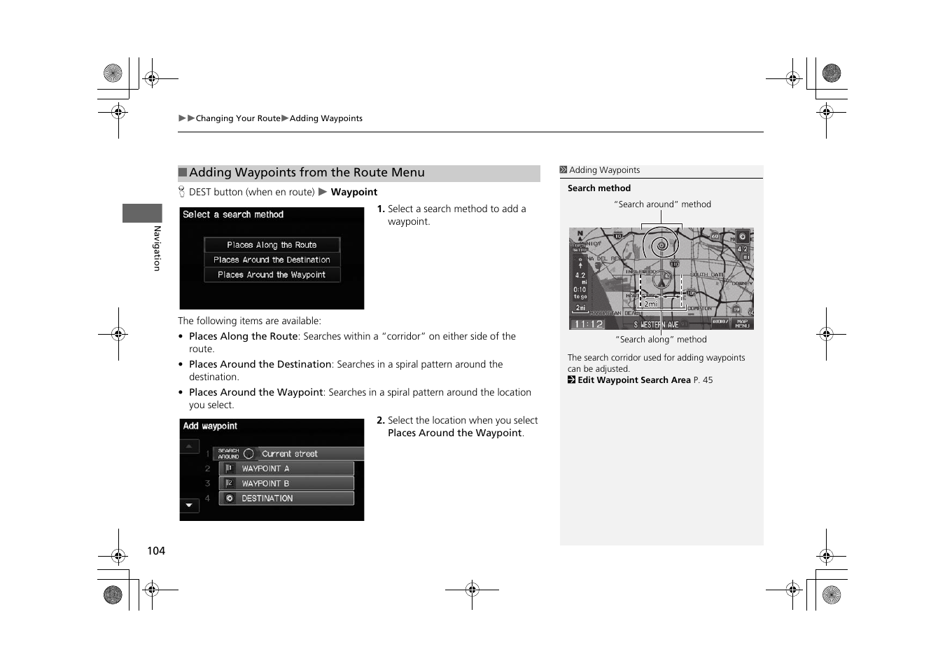 2 adding waypoints from the route menu, P. 104 | HONDA 2015 CR-Z - Navigation Manual User Manual | Page 105 / 208