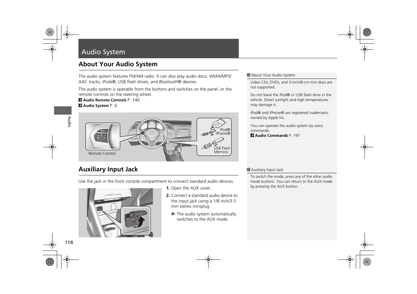 Audio system 114, Audio system, About your audio system auxiliary input jack | About your audio system, Auxiliary input jack | HONDA 2015 CR-Z - Navigation Manual User Manual | Page 115 / 208