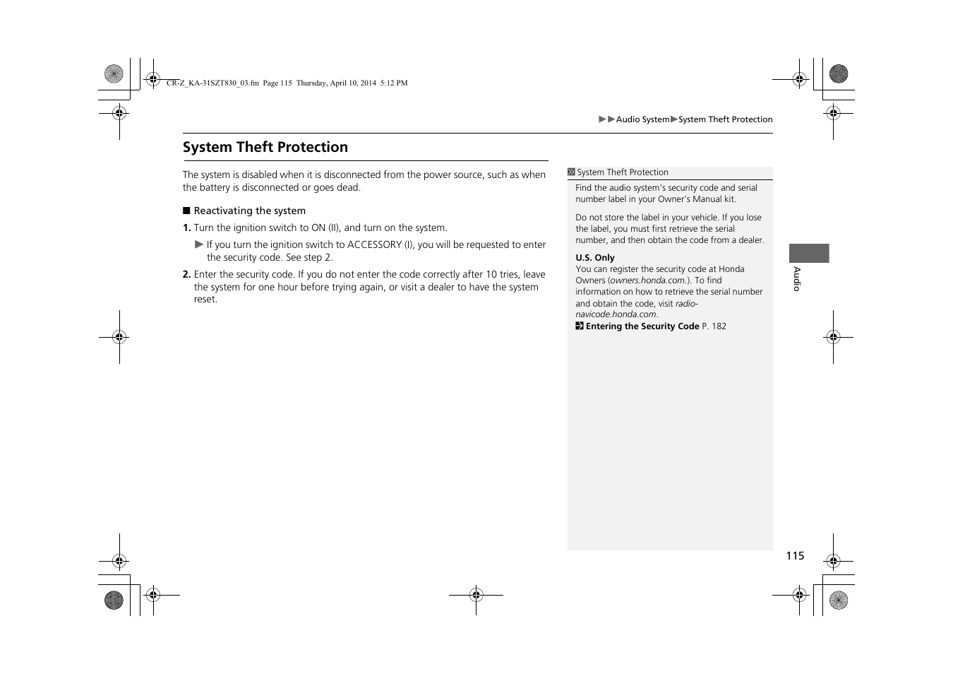 System theft protection | HONDA 2015 CR-Z - Navigation Manual User Manual | Page 116 / 208