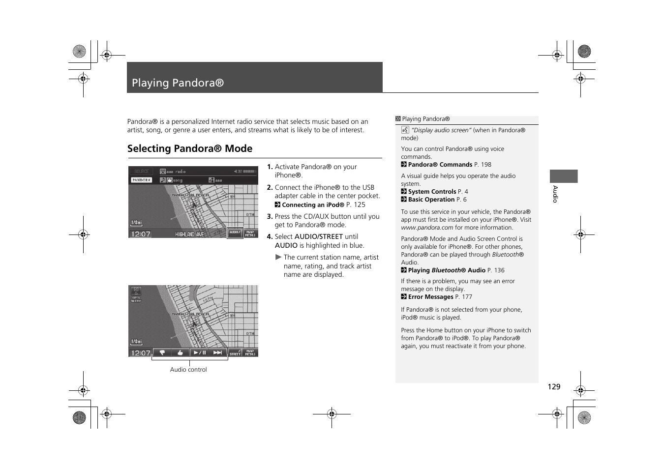 Playing pandora® 129, P129), Playing pandora | Selecting pandora® mode | HONDA 2015 CR-Z - Navigation Manual User Manual | Page 130 / 208