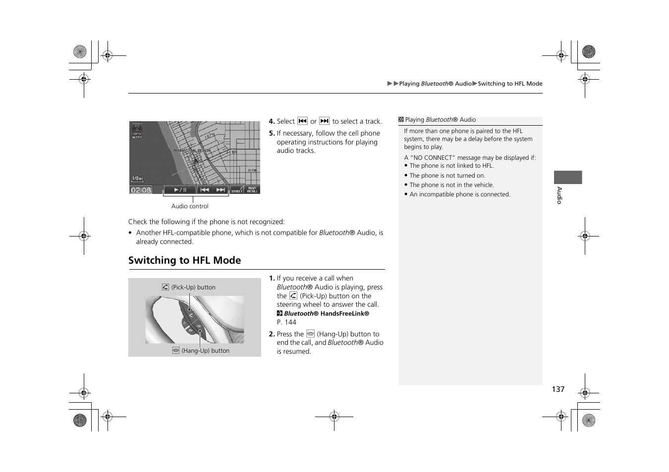 Switching to hfl mode | HONDA 2015 CR-Z - Navigation Manual User Manual | Page 138 / 208