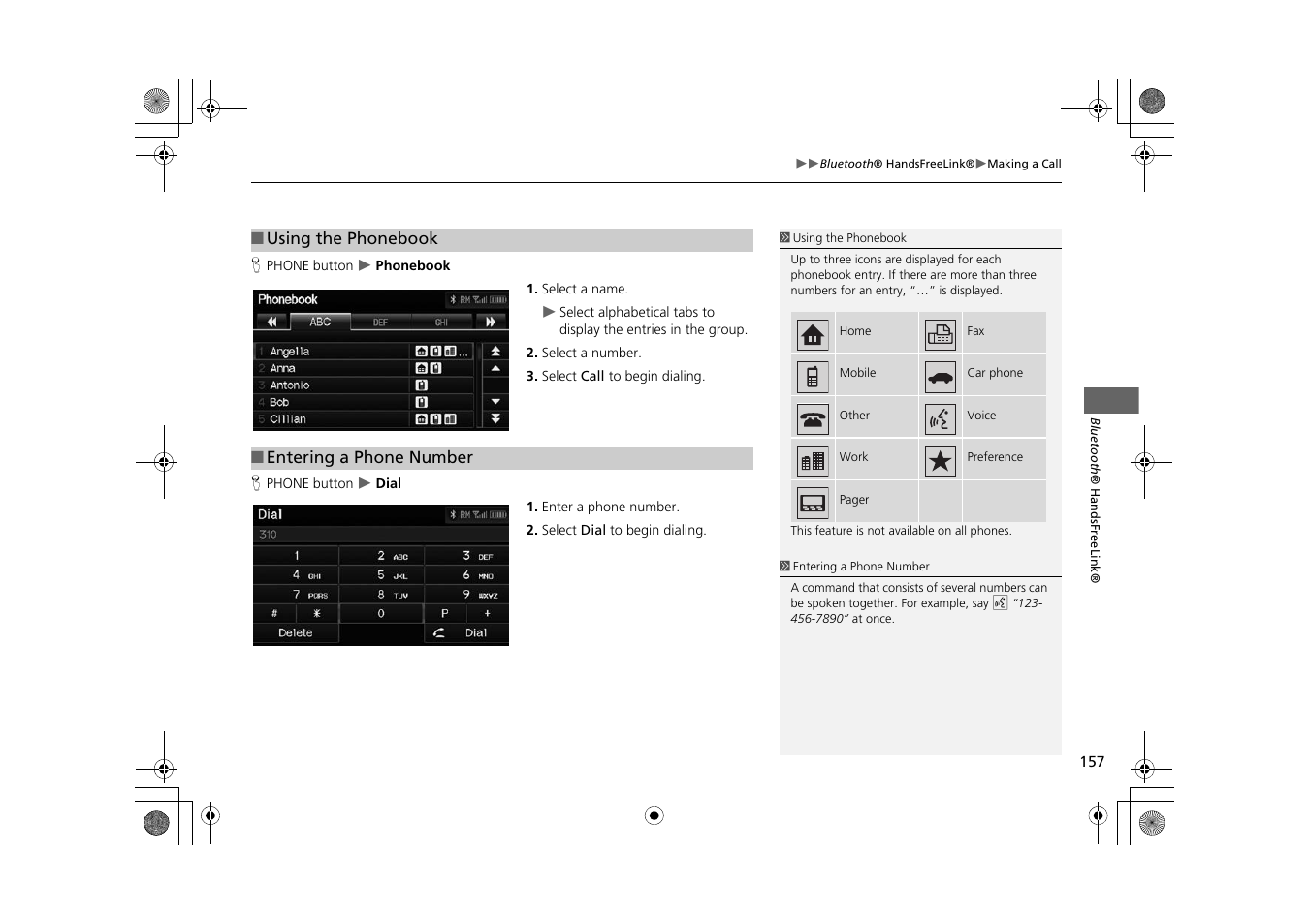 2 using the phonebook, P. 157, 2 entering a phone number | HONDA 2015 CR-Z - Navigation Manual User Manual | Page 158 / 208