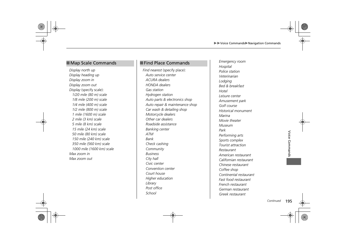 2 map scale commands p. 195 | HONDA 2015 CR-Z - Navigation Manual User Manual | Page 196 / 208
