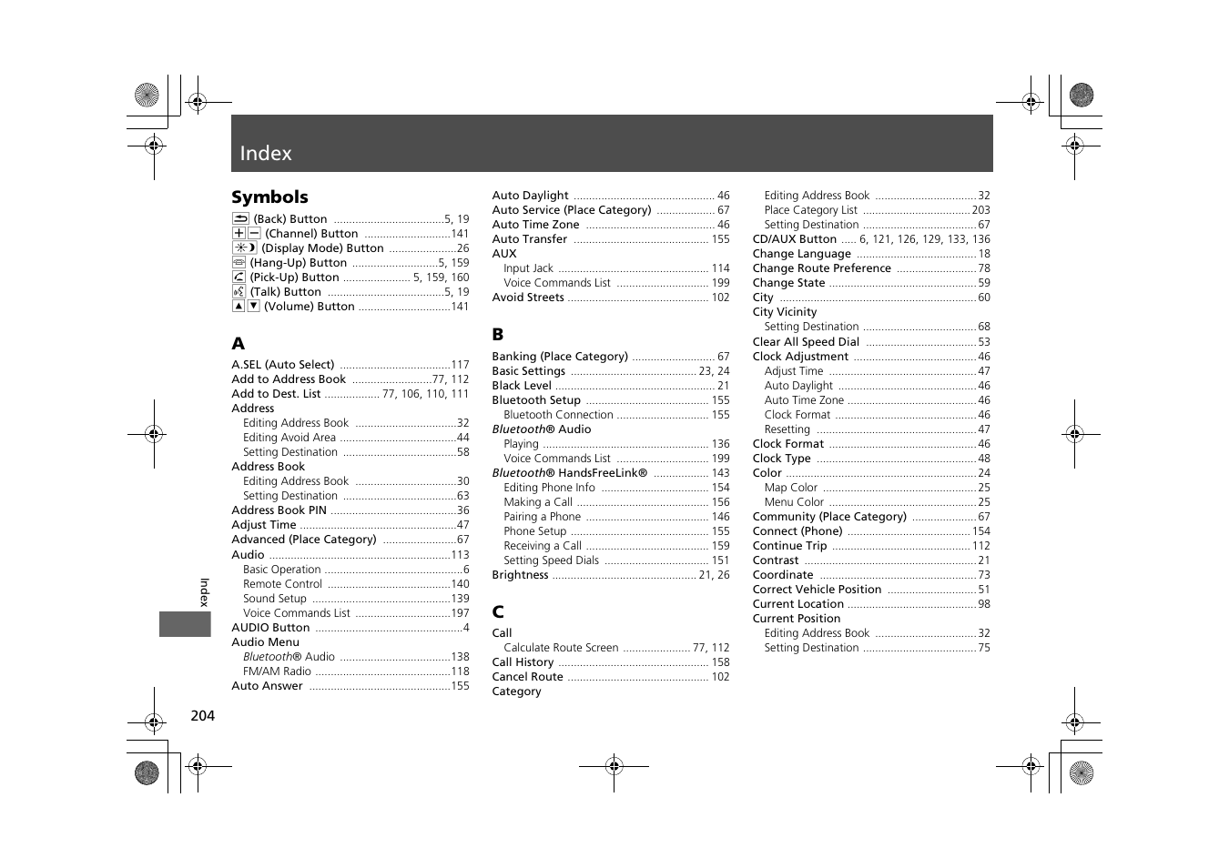 Index, P.204, Symbols | HONDA 2015 CR-Z - Navigation Manual User Manual | Page 205 / 208