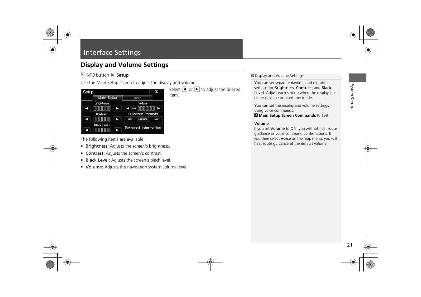 Interface settings 21, Interface settings, Display and volume settings | HONDA 2015 CR-Z - Navigation Manual User Manual | Page 22 / 208
