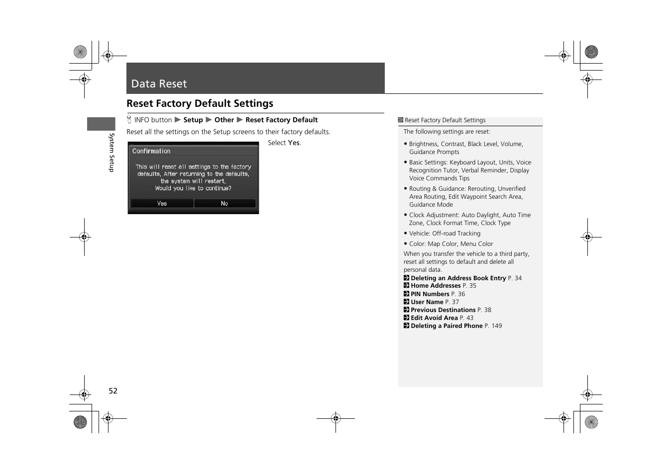 Data reset 52, Data reset, Reset factory default settings | HONDA 2015 CR-Z - Navigation Manual User Manual | Page 53 / 208